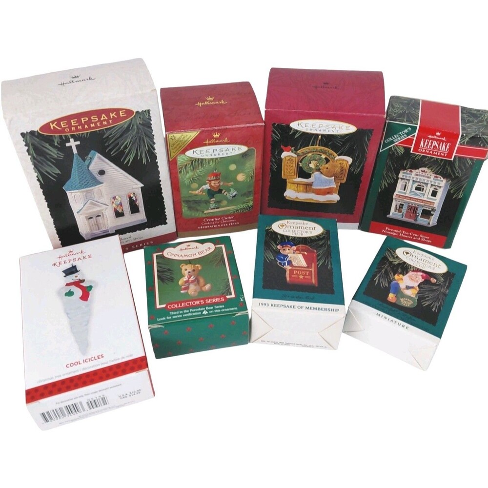 Lot Of 8 Hallmark Ornaments In Boxes Snowman Teddy Bear Church Elf Cookie Maker